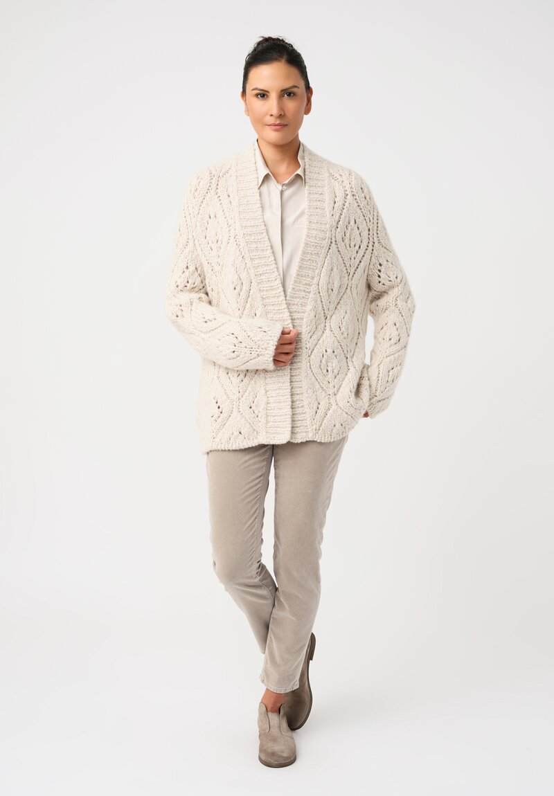 Wommelsdorff Cashmere & Silk Hand-Knit Dolce Belted Cardigan in Ivory White