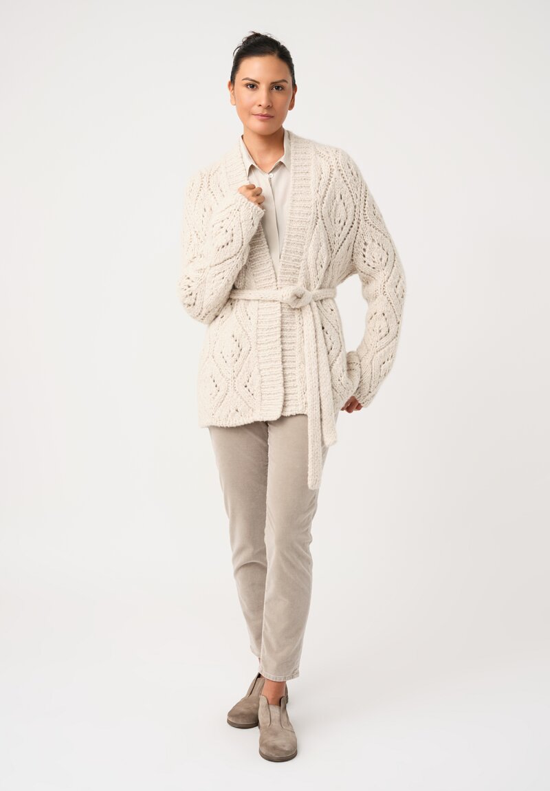 Wommelsdorff Cashmere & Silk Hand-Knit Dolce Belted Cardigan in Ivory White