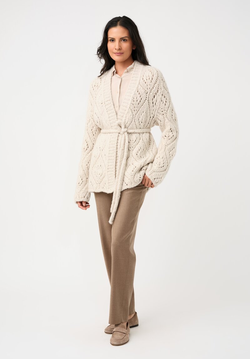 Wommelsdorff Cashmere & Silk Hand-Knit Dolce Belted Cardigan in Ivory White