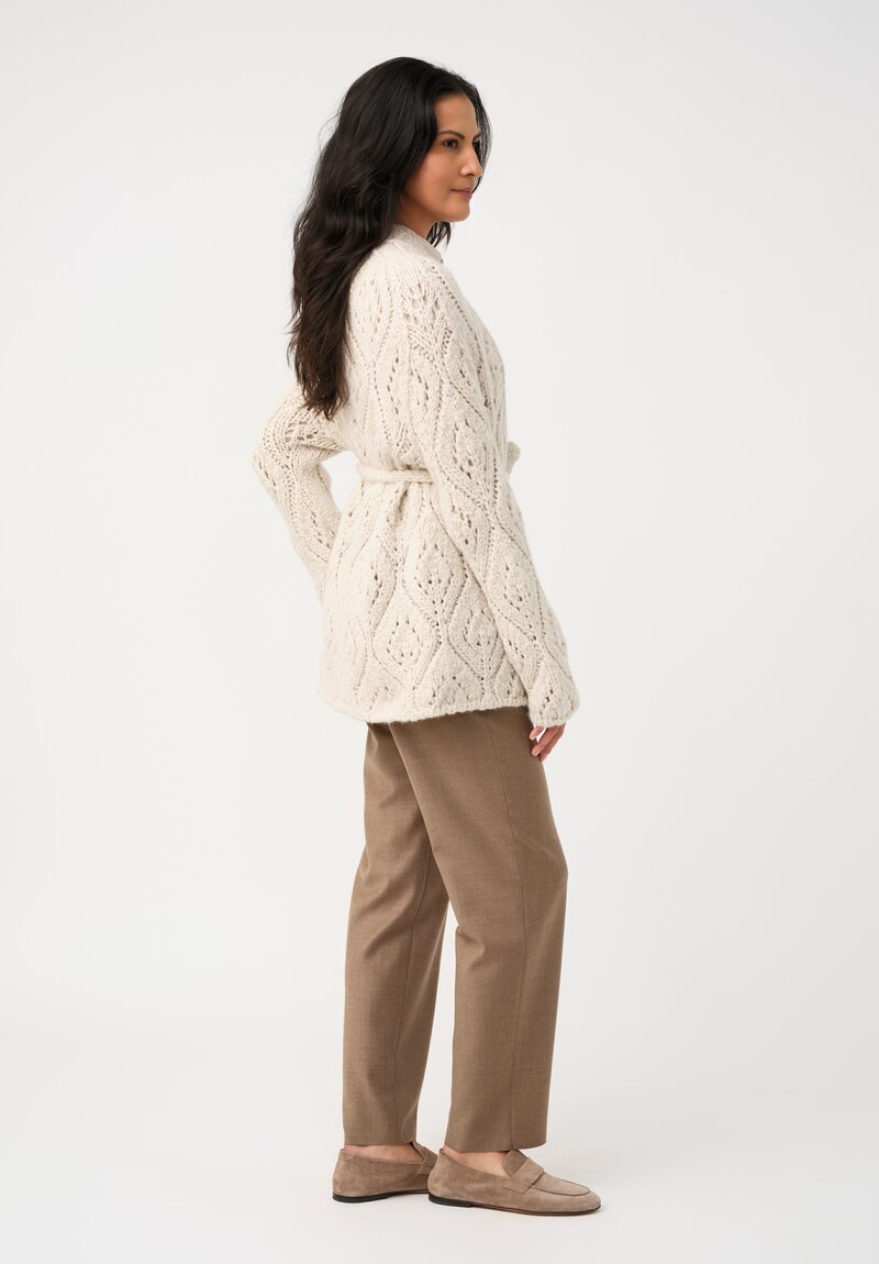 Wommelsdorff Cashmere & Silk Hand-Knit Dolce Belted Cardigan in Ivory White
