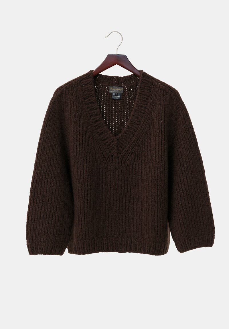 Wommelsdorff Cashmere & Silk Hand-Knit Zara V-Neck Sweater in Umbra Brown