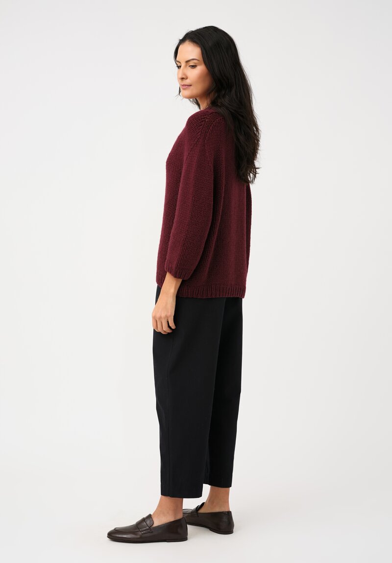 Wommelsdorff Cashmere Hand-Knit V-Neck Dara Sweater in Bordeaux Red
