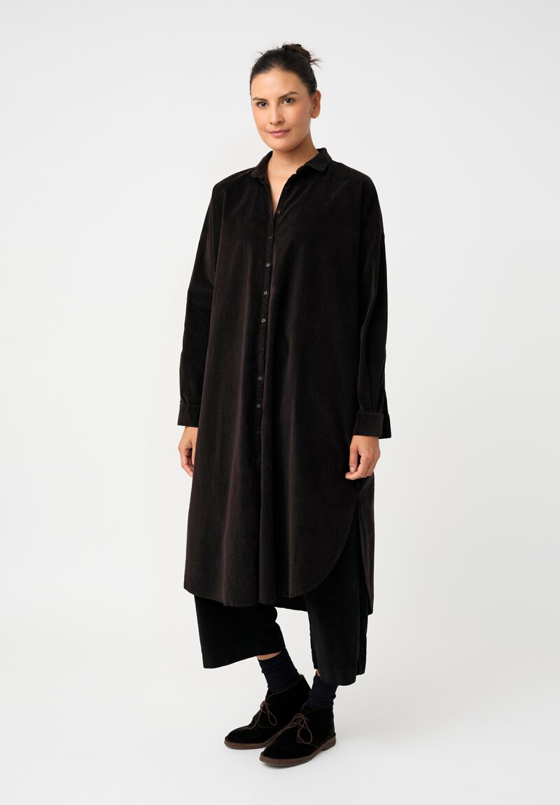 Album di Famiglia Cotton Velvet Long Shirt Dress in Cacao Brown