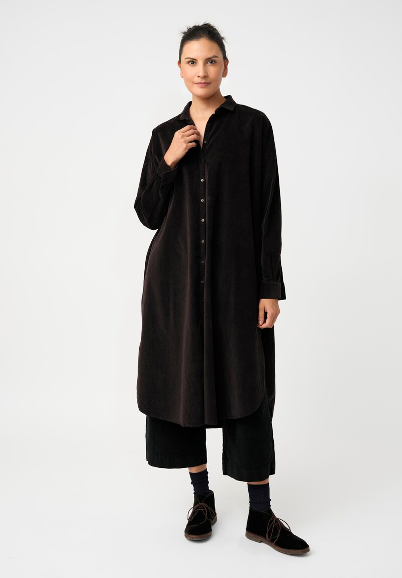 Album di Famiglia Cotton Velvet Long Shirt Dress in Cacao Brown