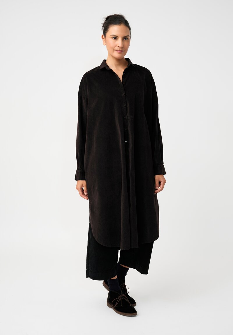 Album di Famiglia Cotton Velvet Long Shirt Dress in Cacao Brown