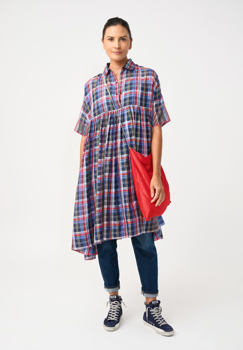 Pero Cotton Silk Plaid 2-Piece Button-Up Gathered Tunic