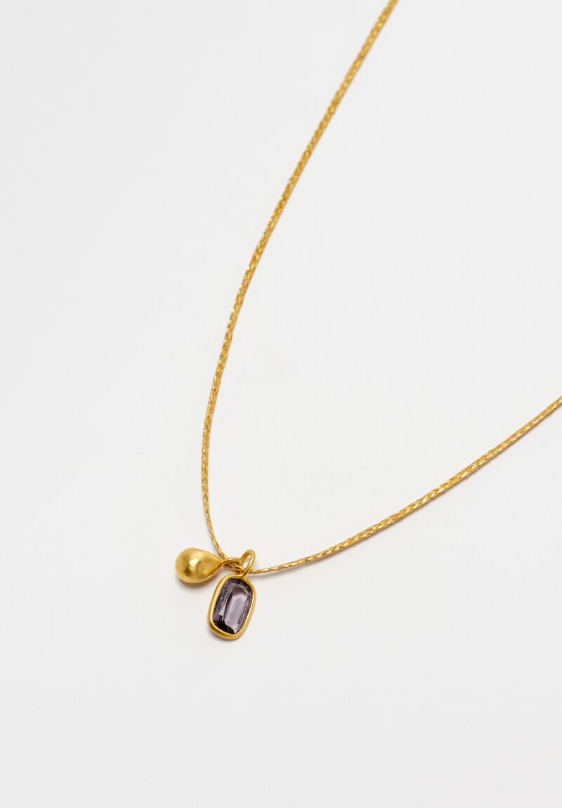 Pippa Small 18K Gold Braided Cord Chain Lobster Clasp Closure Necklace from The Middle Path Collection with 1.2 Carat Spinel Gemstone Bezel Set Pendant & 18K Gold Teardrop Pendant Top Shot View