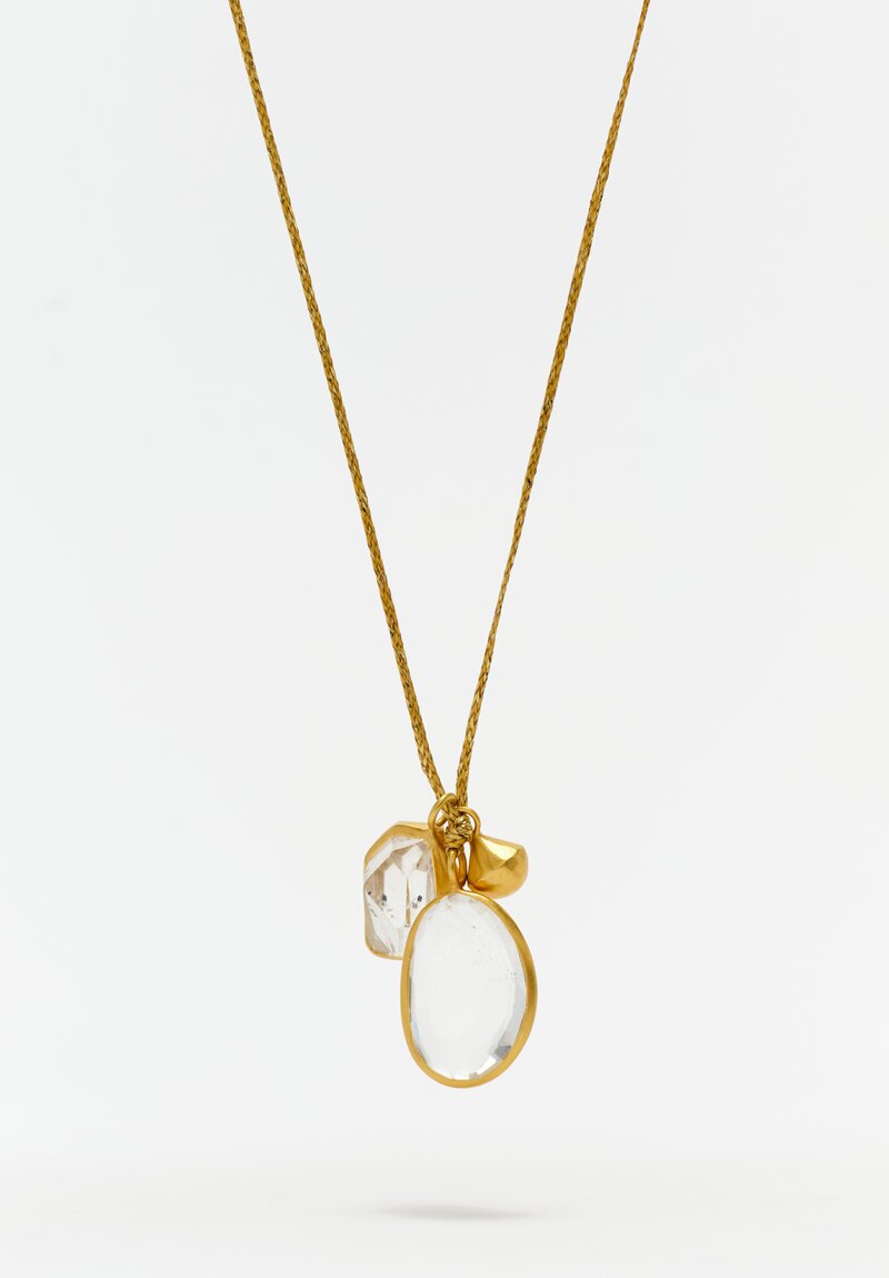 Pippa Small 18K Gold Braided Cord Chain Knot Closure Necklace with 25.6 Carat Faceted Herkimer Diamond & Rock Crystal Quartz Open Back Bezel Set Gemstone Pendants Front Shot View