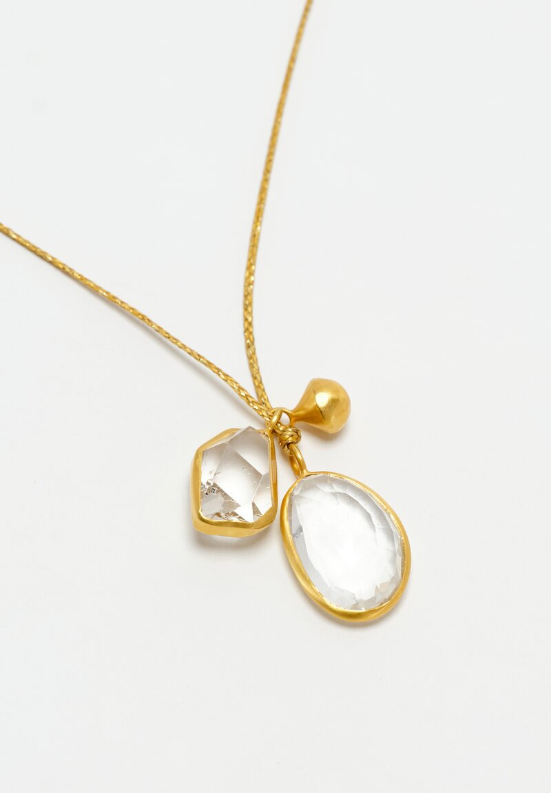 Pippa Small 18K Gold Braided Cord Chain Knot Closure Necklace with 25.6 Carat Faceted Herkimer Diamond & Rock Crystal Quartz Open Back Bezel Set Gemstone Pendants Detail Shot Close Up View