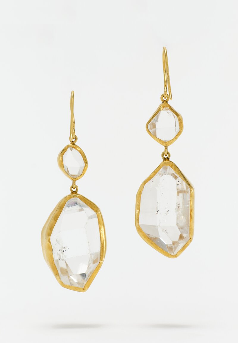Pippa Small 18K Gold Double Drop French Hook Closure Earrings from Metamorphic Collection with Bezel Set 47.21 Carat Herkimer Diamond Gemstones Back Shot View