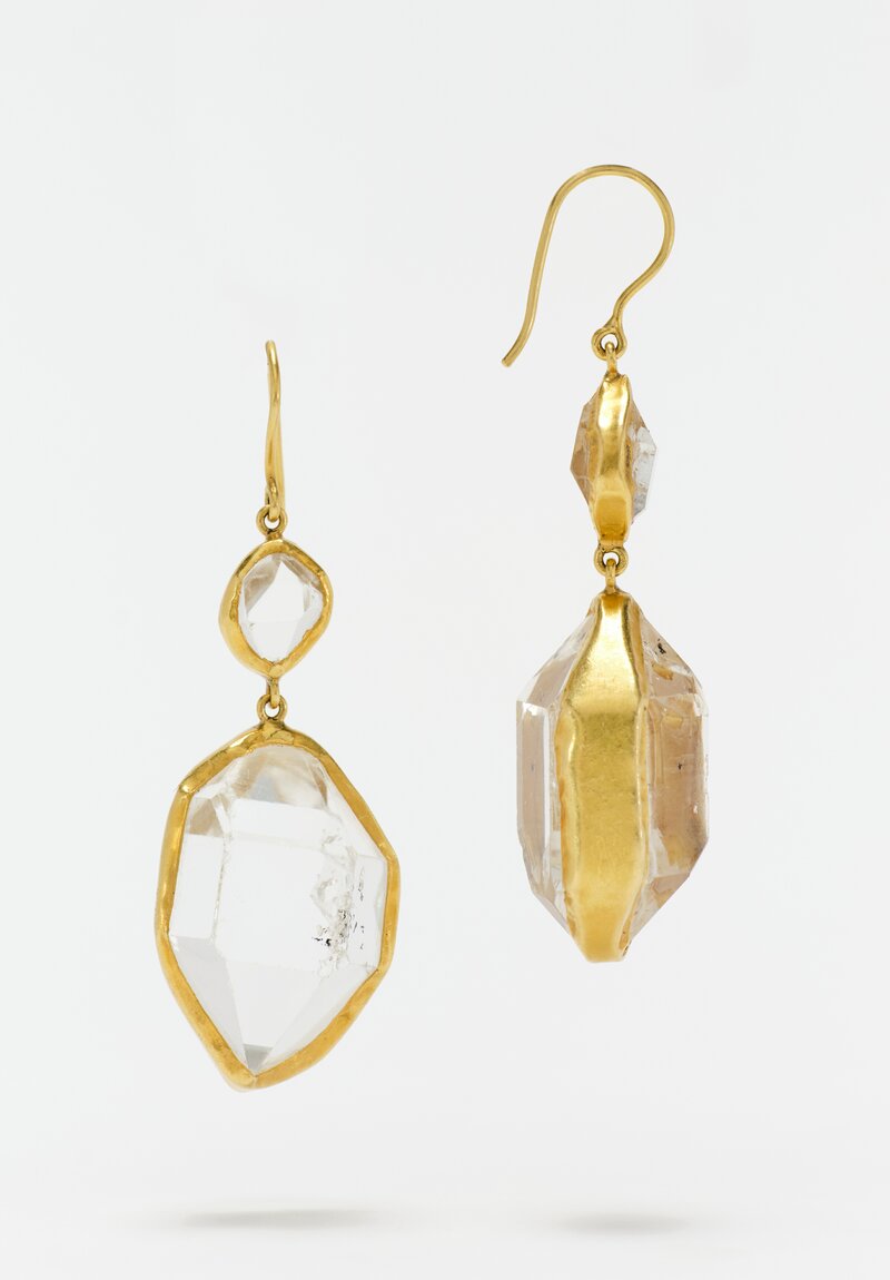 Pippa Small 18K Gold Double Drop French Hook Closure Earrings from Metamorphic Collection with Bezel Set 47.21 Carat Herkimer Diamond Gemstones Side Shot View