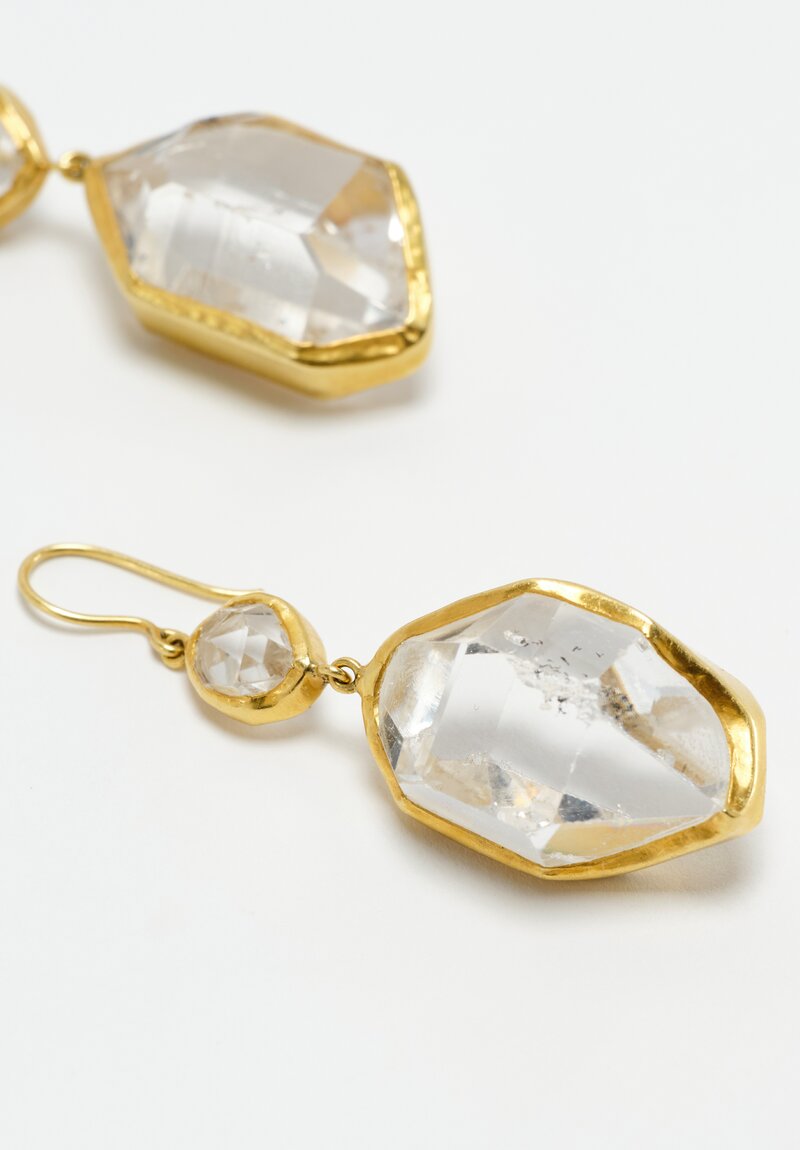 Pippa Small 18K Gold Double Drop French Hook Closure Earrings from Metamorphic Collection with Bezel Set 47.21 Carat Herkimer Diamond Gemstones Close Up View Detail Shot