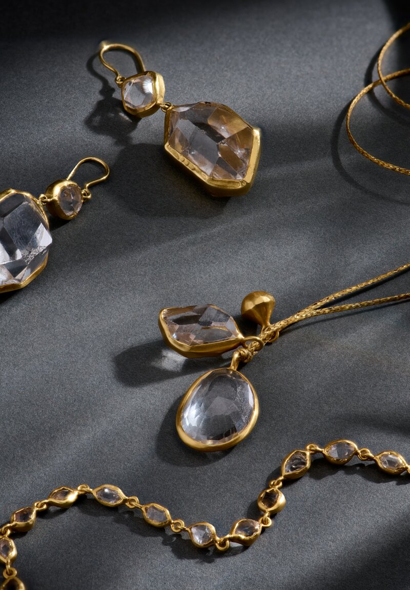 Pippa Small 18K Gold Double Drop French Hook Closure Earrings from Metamorphic Collection with Bezel Set 47.21 Carat Herkimer Diamond Gemstones Collection Creative Shot Photo