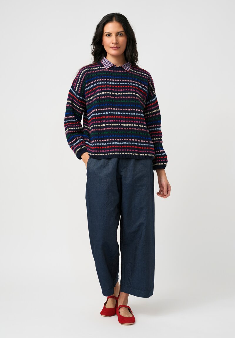 Péro Hand-Knit Confetti Striped Pullover Sweater in Navy Blue