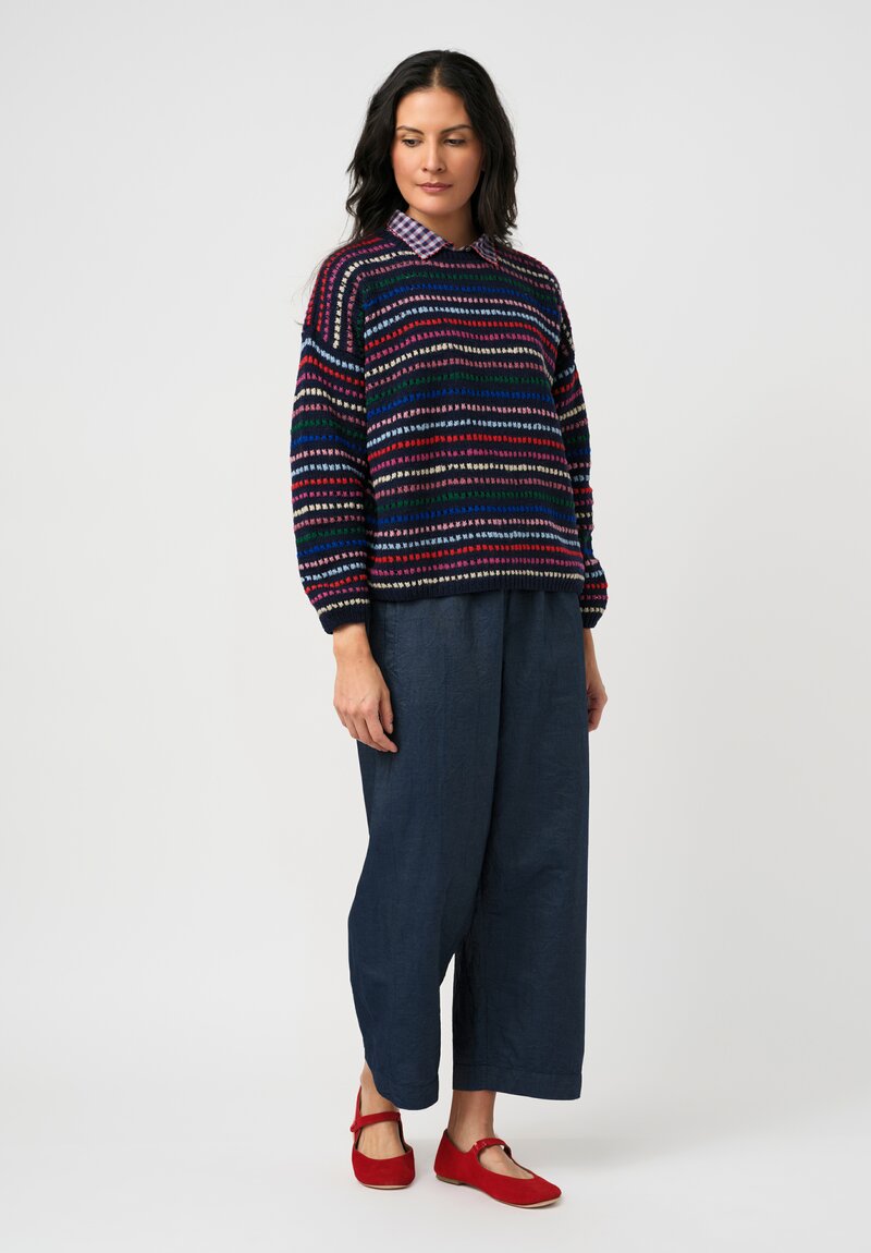 Péro Hand-Knit Confetti Striped Pullover Sweater in Navy Blue