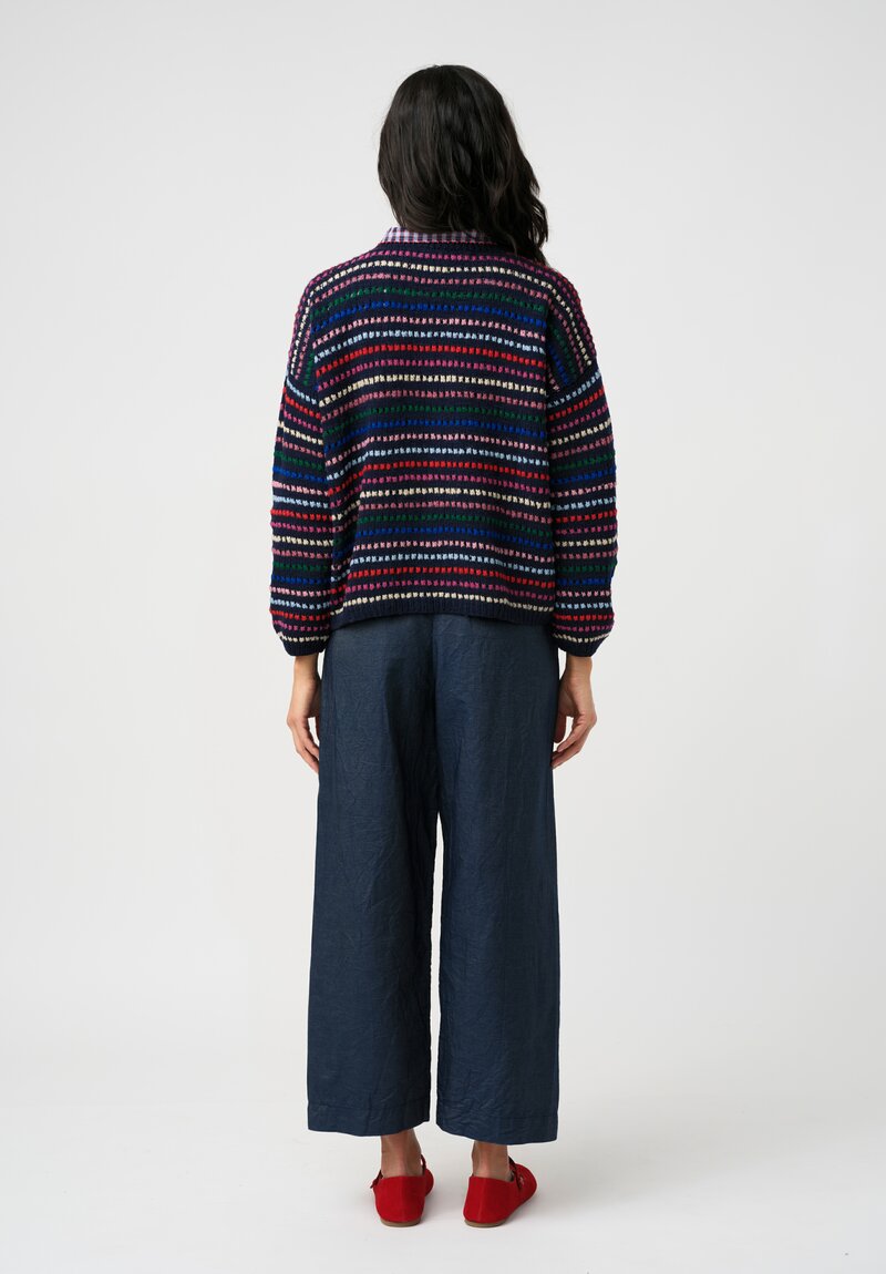 Péro Hand-Knit Confetti Striped Pullover Sweater in Navy Blue