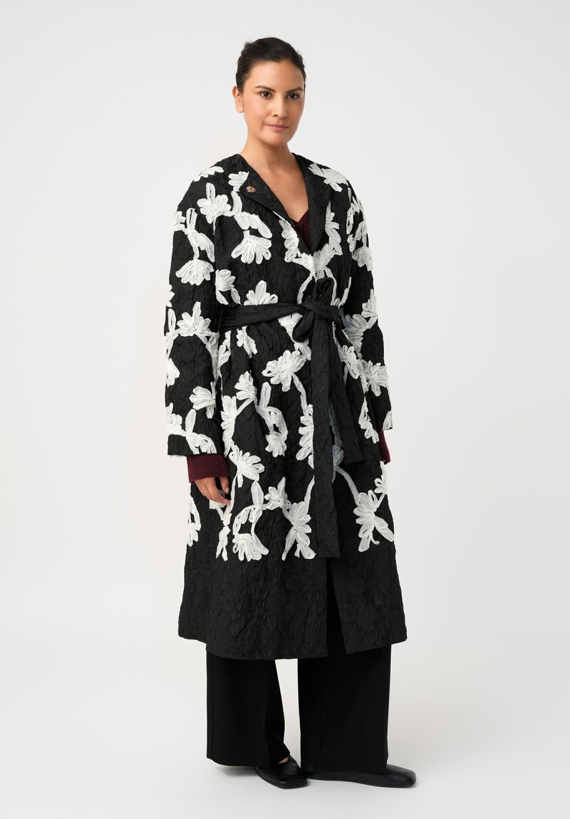 Erdem Cloque Jacquard Hand-Embroidered Floral Belted Coat