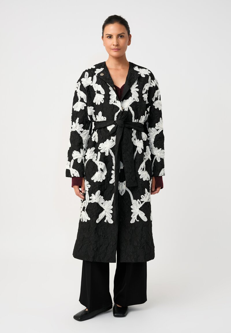 Erdem Cloque Jacquard Hand-Embroidered Floral Belted Coat