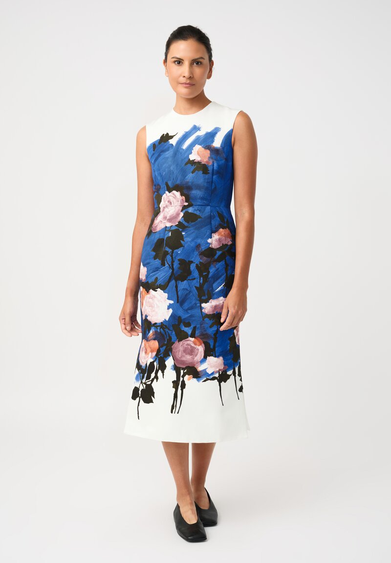 Erdem Cotton Faille Painted Roses Pencil Midi Dress