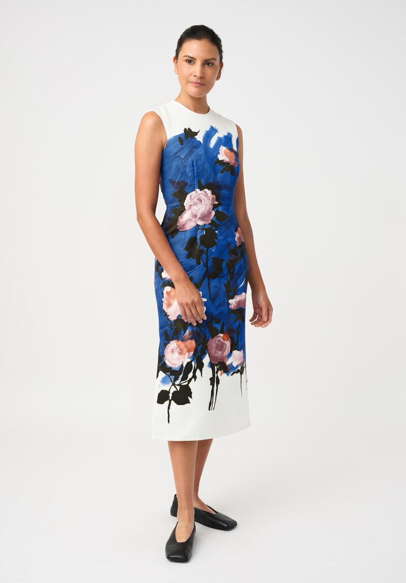 Erdem Cotton Faille Painted Roses Pencil Midi Dress