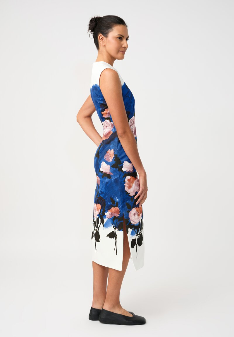 Erdem Cotton Faille Painted Roses Pencil Midi Dress