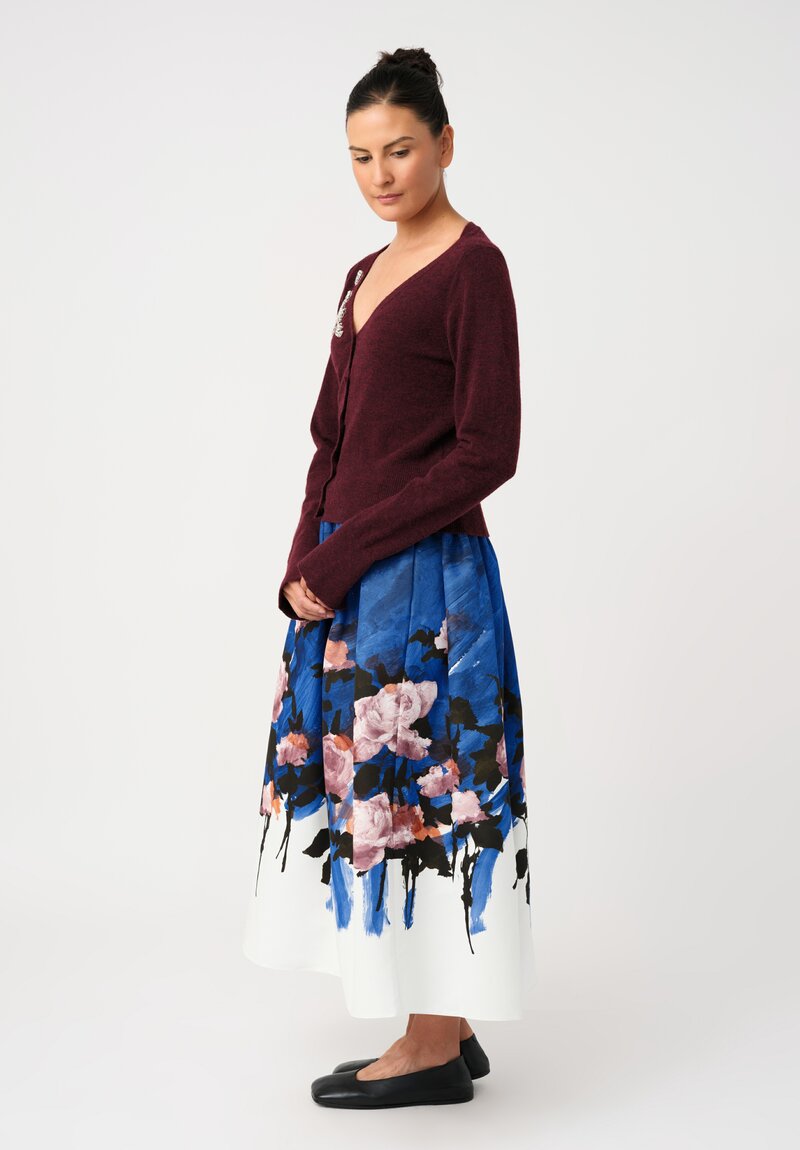 Erdem Cotton Faille Painted Roses Gathered Midi Skirt in Neo-Expressionism Blue & Pink Roses