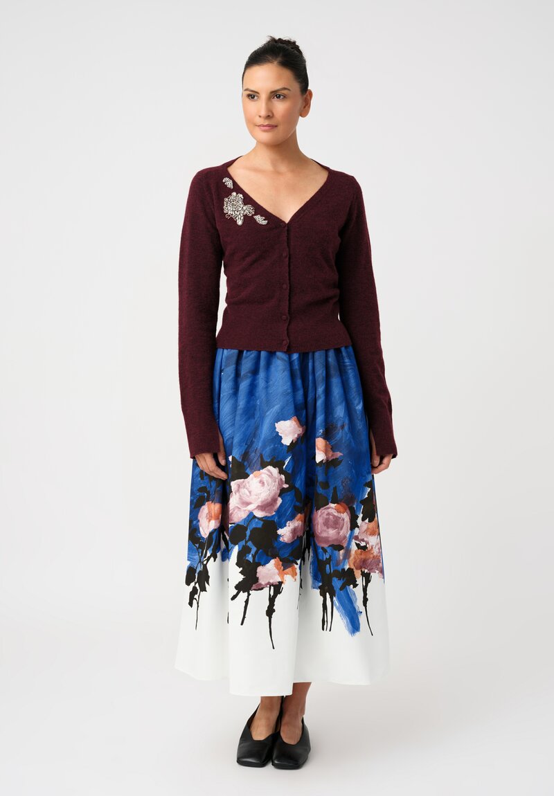 Erdem Cotton Faille Painted Roses Gathered Midi Skirt in Neo-Expressionism Blue & Pink Roses