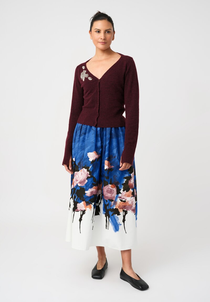 Erdem Cotton Faille Painted Roses Gathered Midi Skirt in Neo-Expressionism Blue & Pink Roses