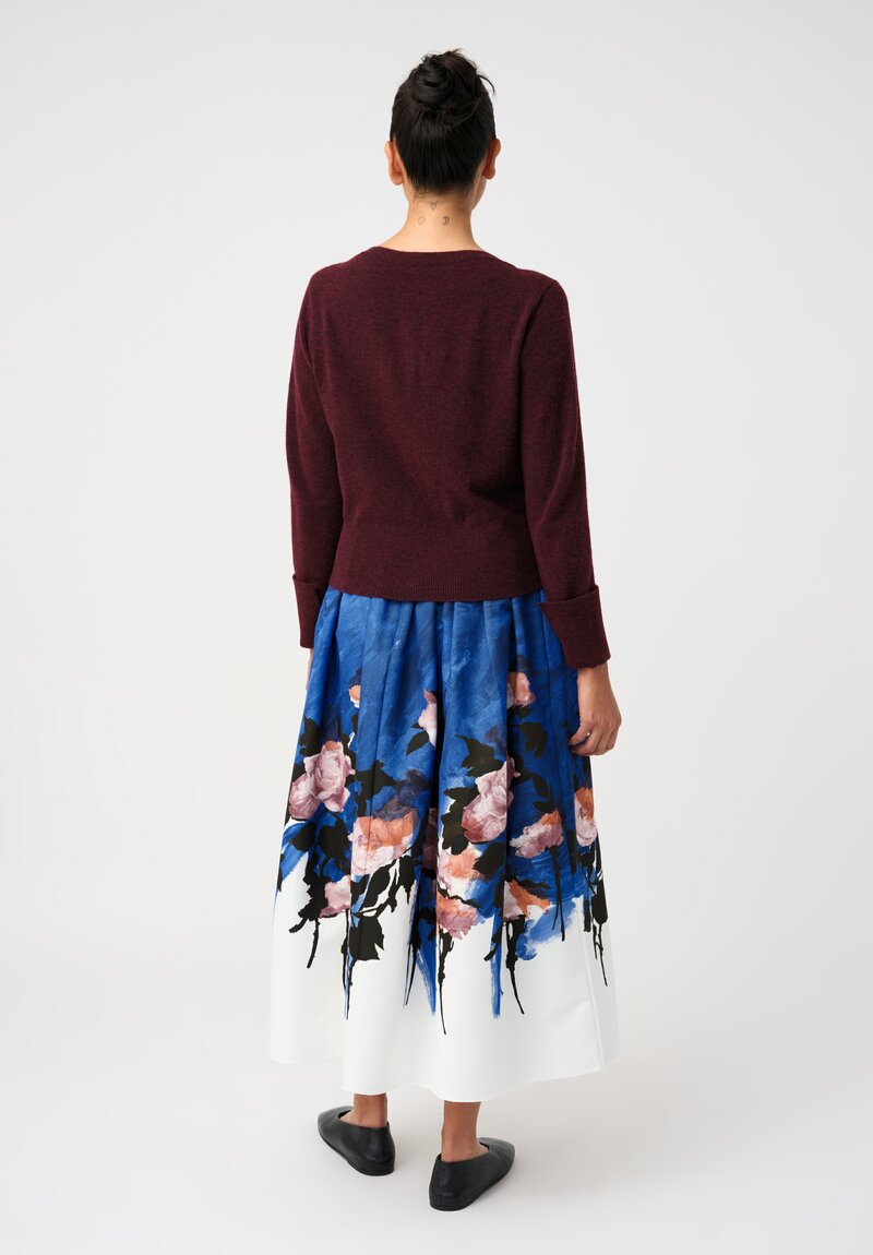 Erdem Cotton Faille Painted Roses Gathered Midi Skirt in Neo-Expressionism Blue & Pink Roses