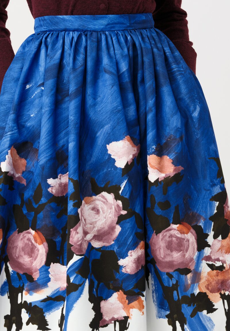 Erdem Cotton Faille Painted Roses Gathered Midi Skirt in Neo-Expressionism Blue & Pink Roses