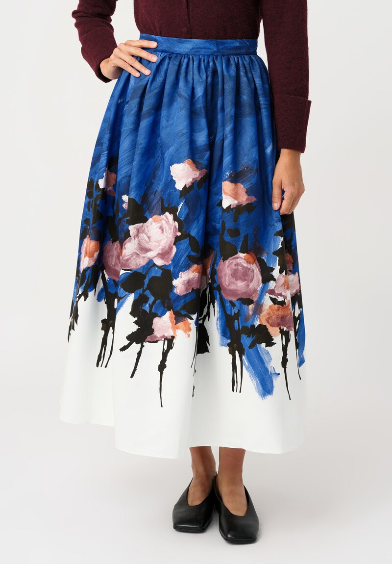Erdem Cotton Faille Painted Roses Gathered Midi Skirt in Neo-Expressionism Blue & Pink Roses