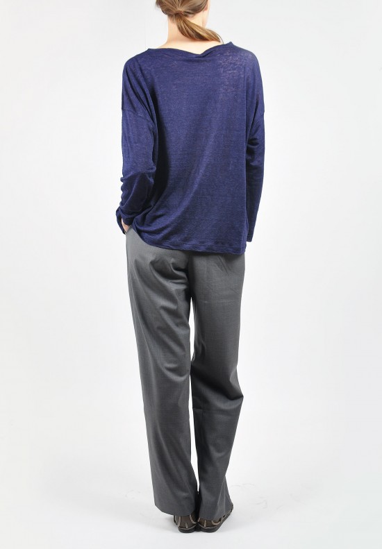 Eskandar Long Sleeve Linen Boat Neck Shirt in Indigo