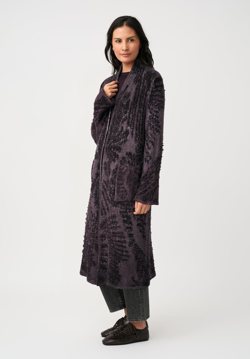 Avant Toi Cashmere & Alpaca Hand-Painted Macchie Open-Front Long Cardigan in Mosto Purple