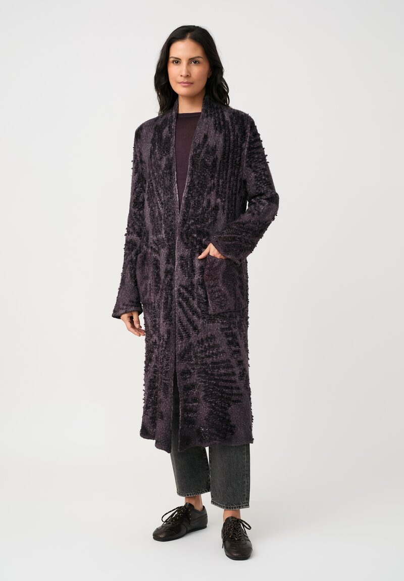Avant Toi Cashmere & Alpaca Hand-Painted Macchie Open-Front Long Cardigan in Mosto Purple