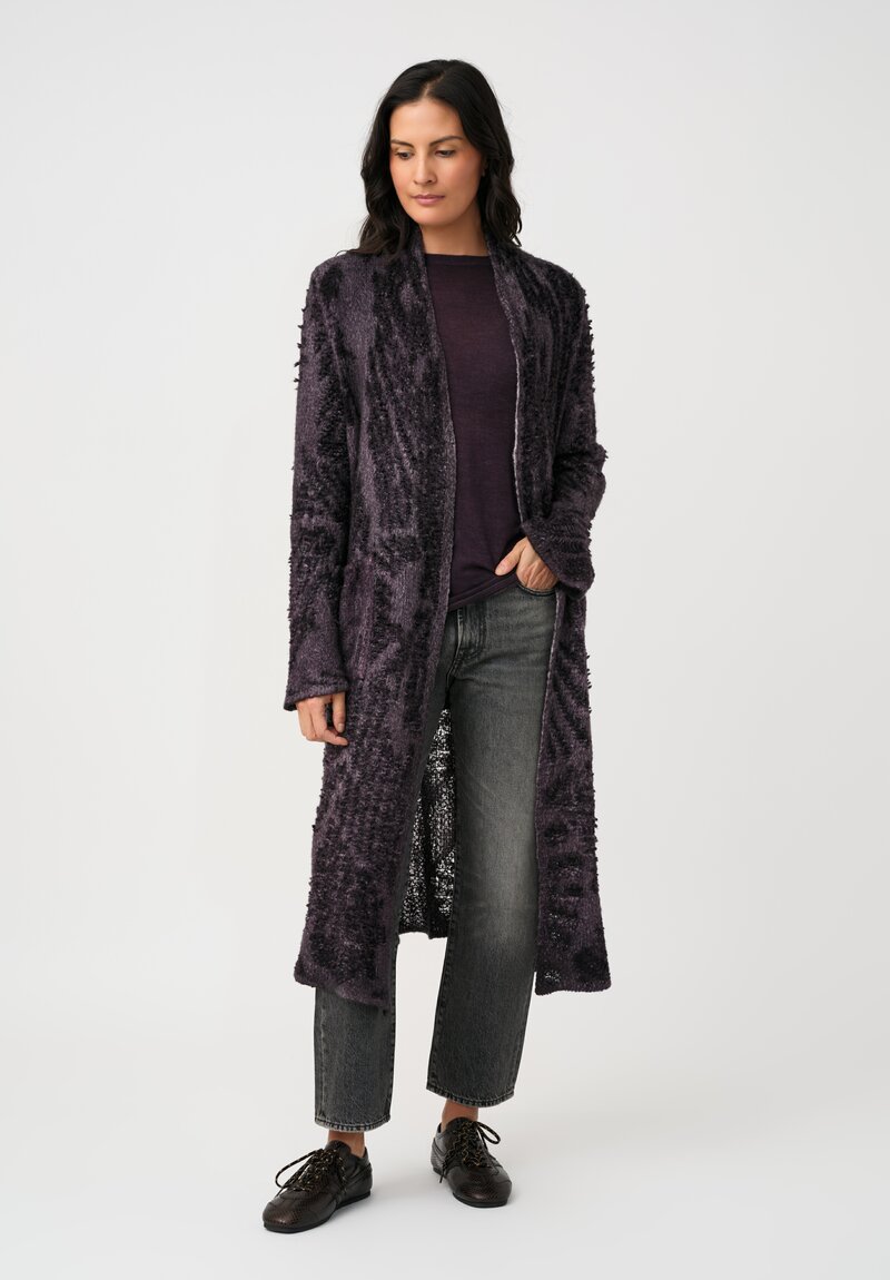 Avant Toi Cashmere & Alpaca Hand-Painted Macchie Open-Front Long Cardigan in Mosto Purple