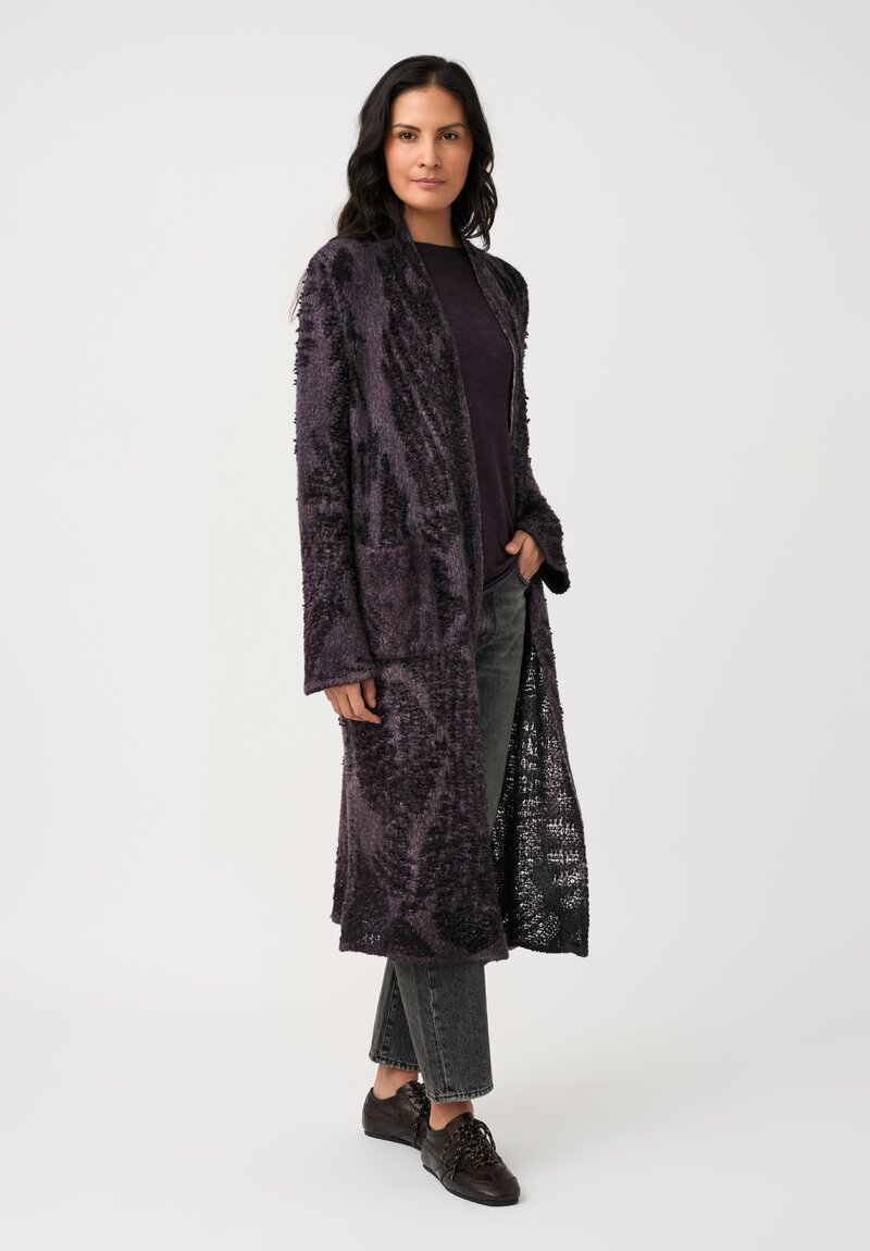 Avant Toi Cashmere & Alpaca Hand-Painted Macchie Open-Front Long Cardigan in Mosto Purple