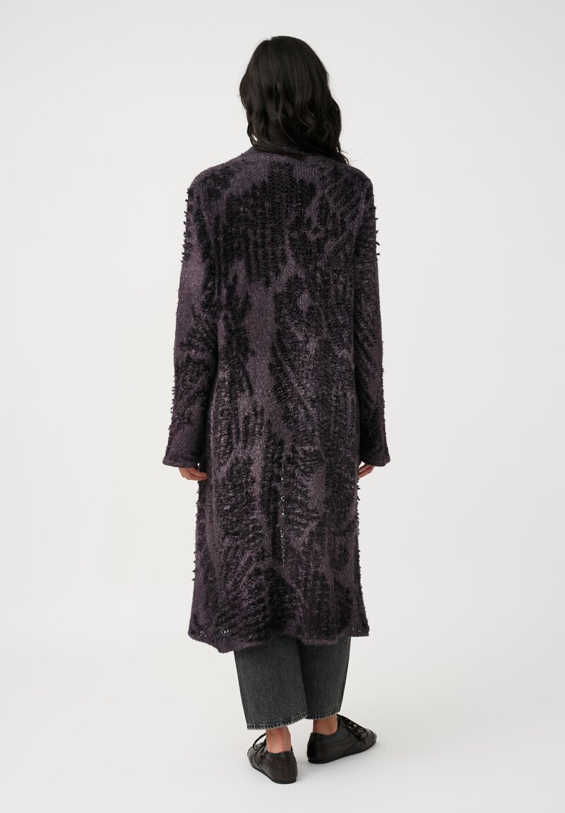 Avant Toi Cashmere & Alpaca Hand-Painted Macchie Open-Front Long Cardigan in Mosto Purple