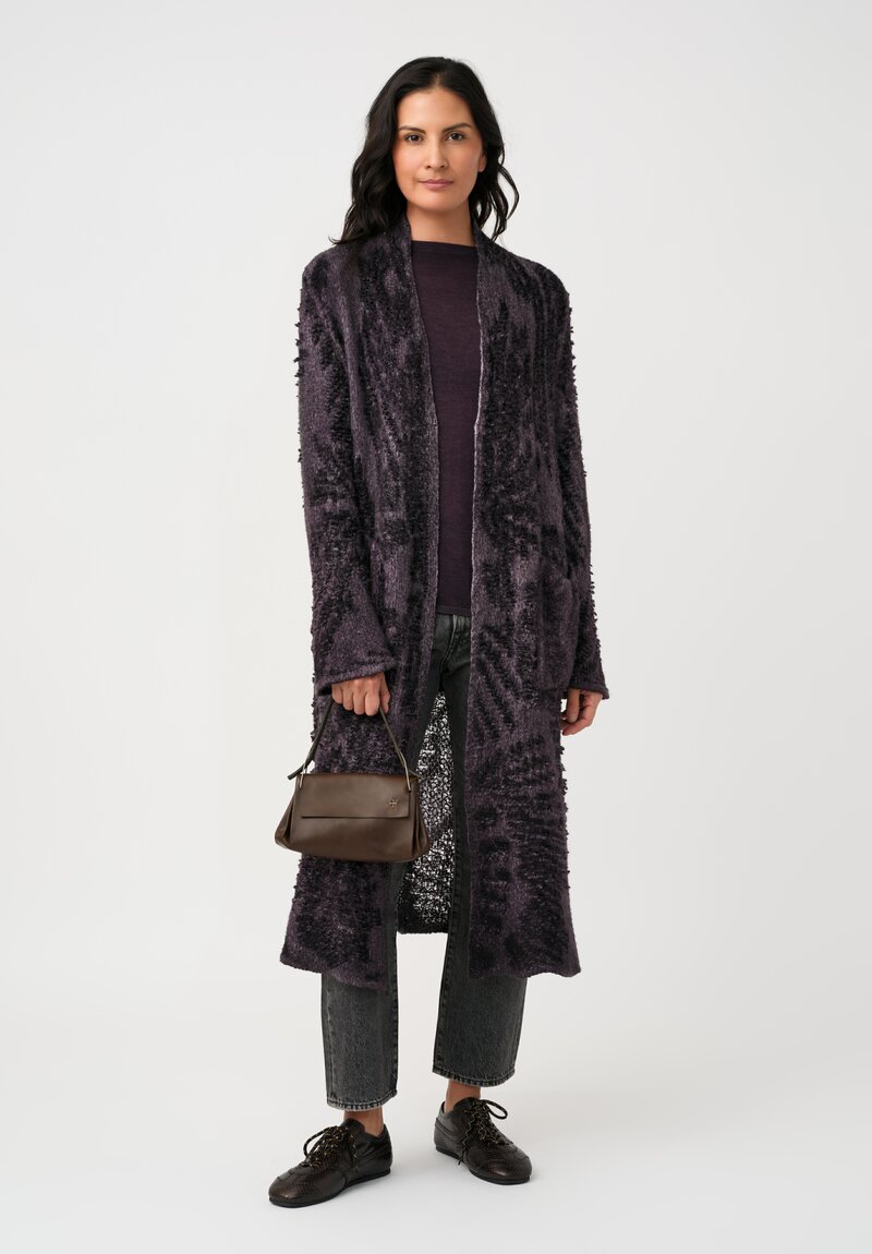 Avant Toi Cashmere & Alpaca Hand-Painted Macchie Open-Front Long Cardigan in Mosto Purple