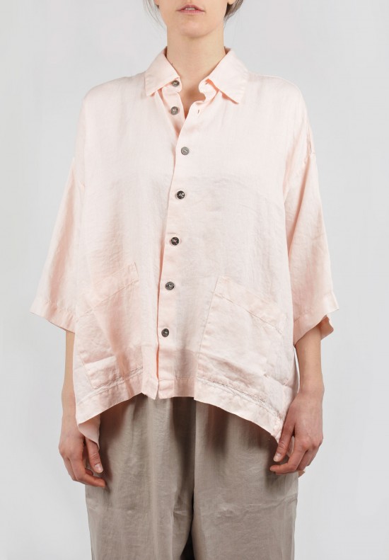 Eskandar Linen Button Down 3/4 Sleeve Shirt in Pink | Santa Fe Dry
