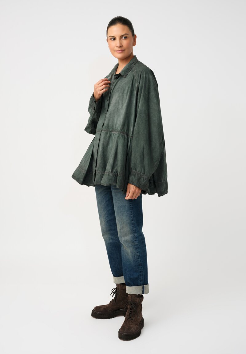 Rundholz DIP Cotton Poplin Pleated Peplum Shirt in Pine Green