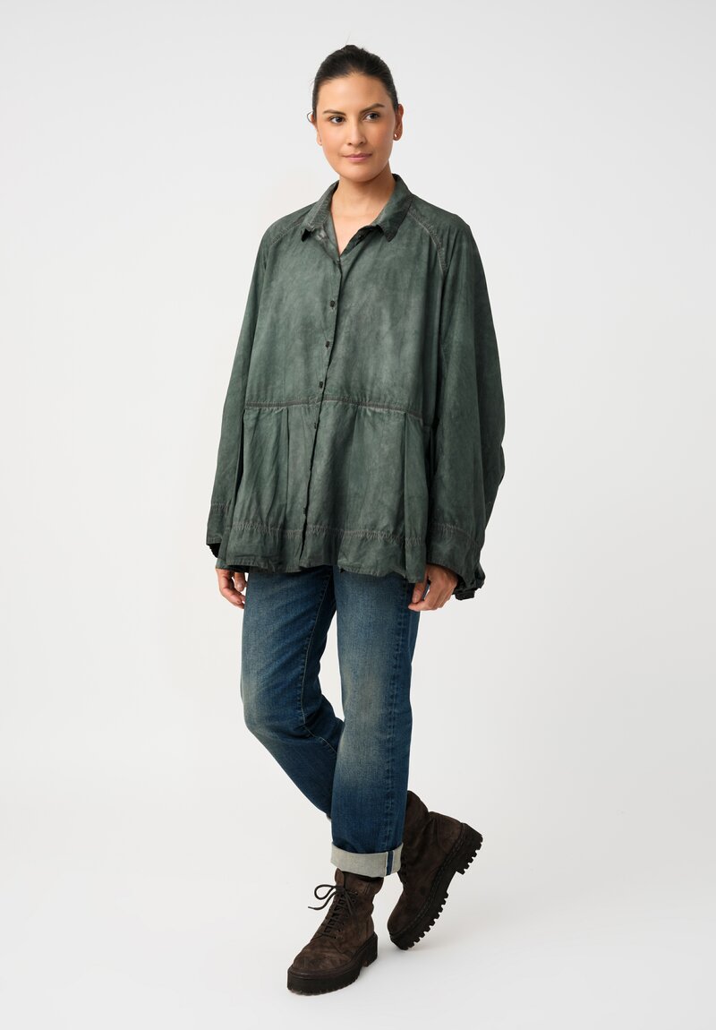 Rundholz DIP Cotton Poplin Pleated Peplum Shirt in Pine Green