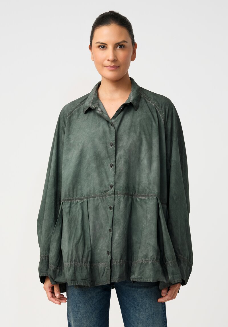 Rundholz DIP Cotton Poplin Pleated Peplum Shirt in Pine Green