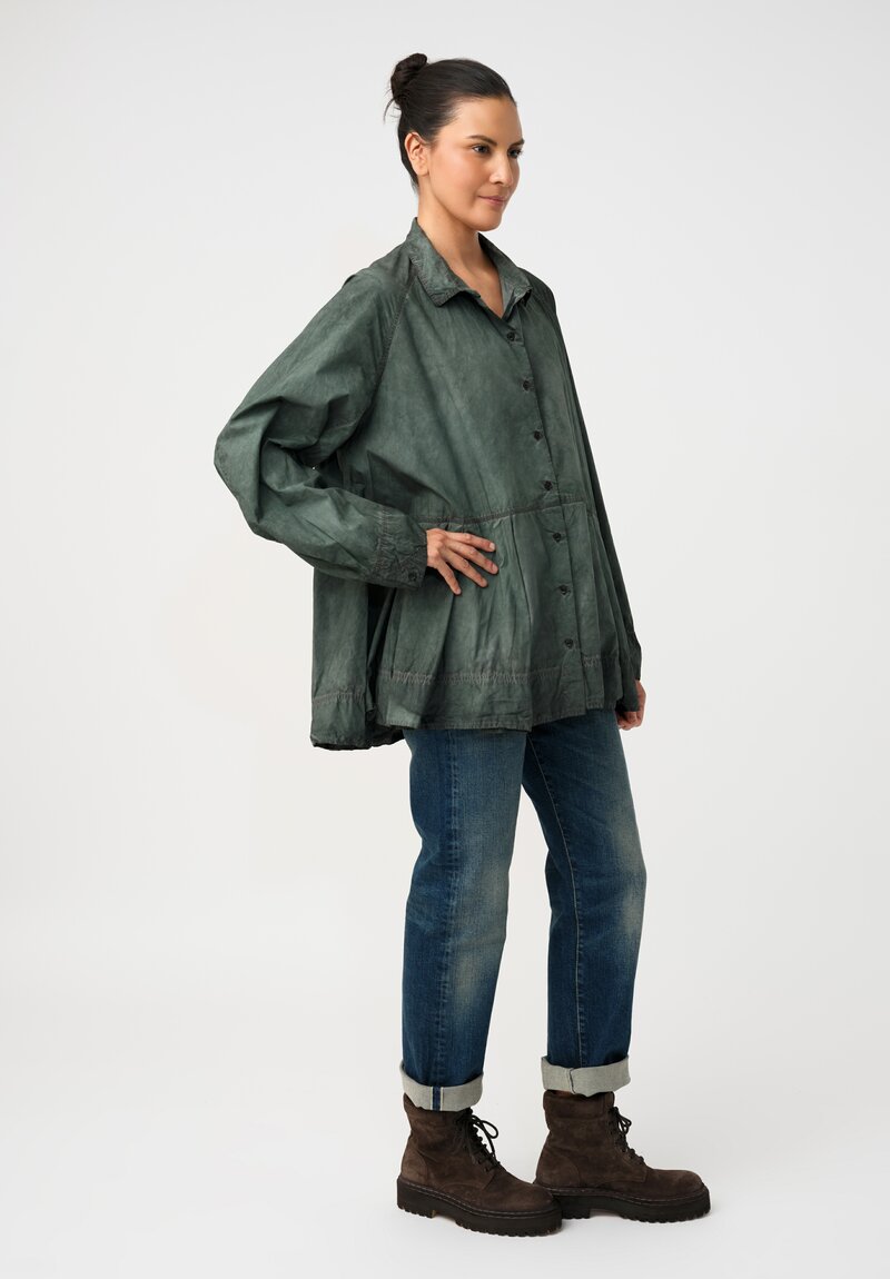 Rundholz DIP Cotton Poplin Pleated Peplum Shirt in Pine Green