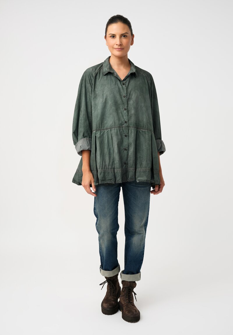 Rundholz DIP Cotton Poplin Pleated Peplum Shirt in Pine Green