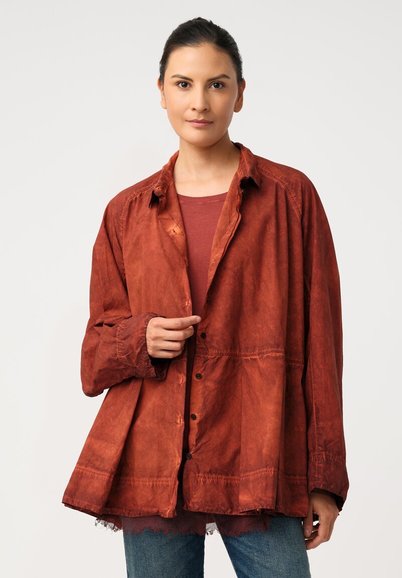 Rundholz DIP Cotton Poplin Pleated Peplum Shirt in Crab Red