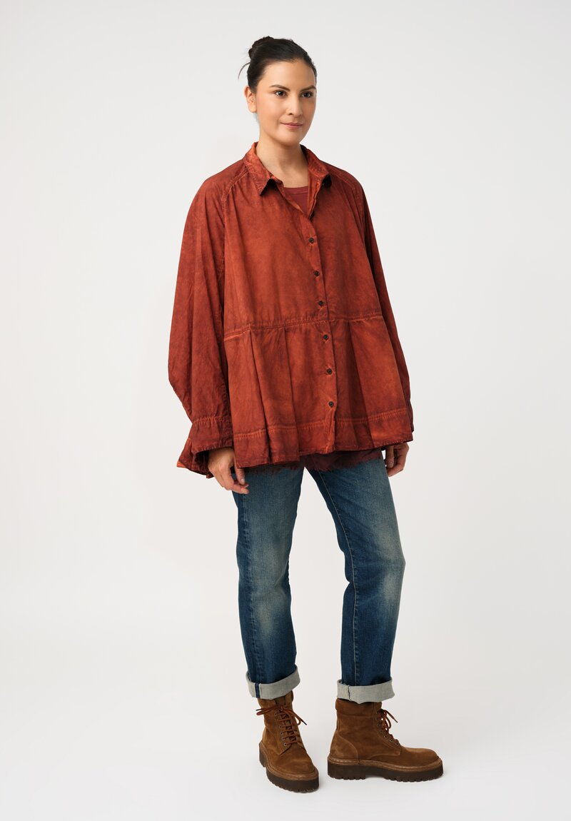 Rundholz DIP Cotton Poplin Pleated Peplum Shirt in Crab Red