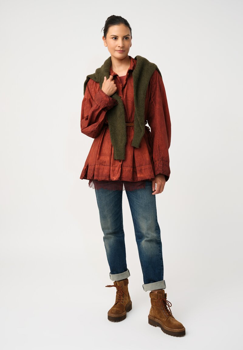 Rundholz DIP Cotton Poplin Pleated Peplum Shirt in Crab Red