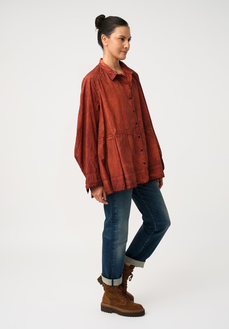 Rundholz DIP Cotton Poplin Pleated Peplum Shirt in Crab Red