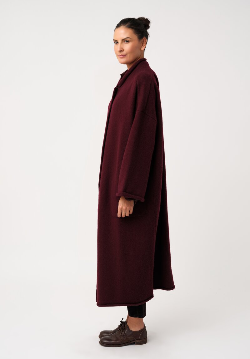 Casey Casey Soft Fleece Knit Long Button-Down Coat in Wine Red