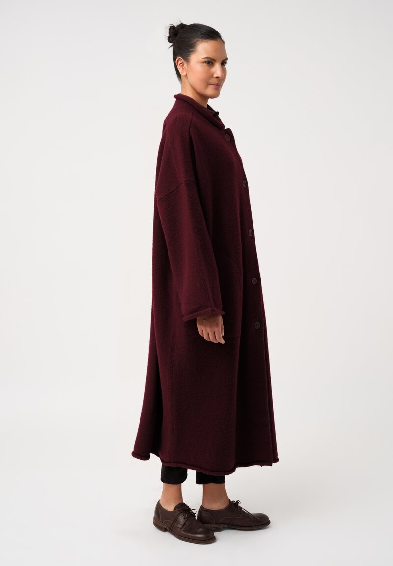 Casey Casey Soft Fleece Knit Long Button-Down Coat in Wine Red